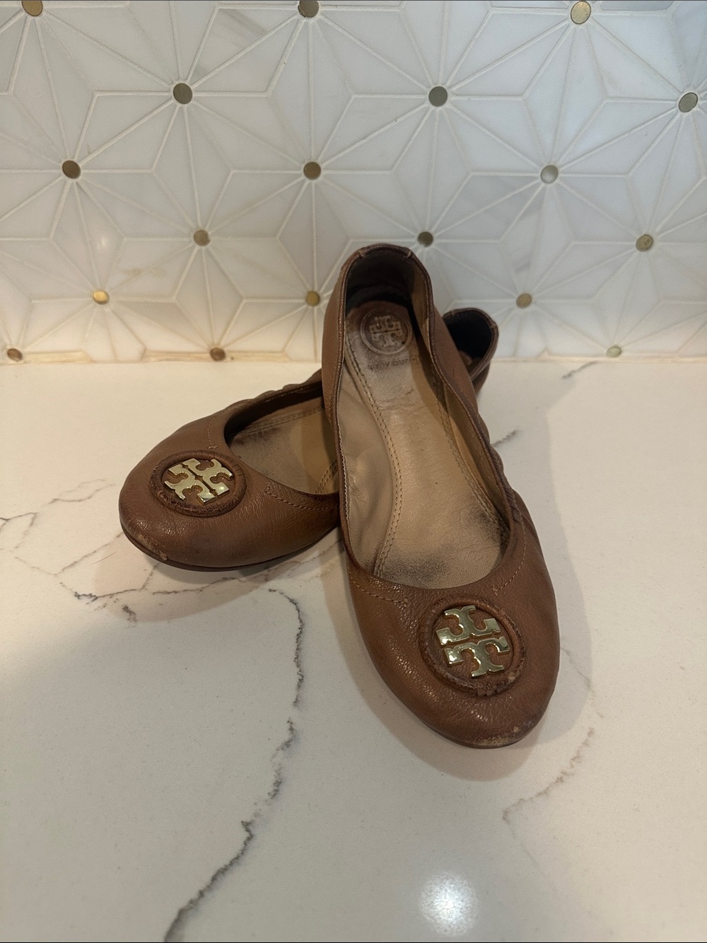Tory Burch Brown Leather Logo Ballet Flats